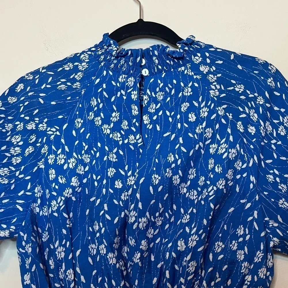 Hayden Blue Floral Smocked Neck Mini Dress Short Sleeve